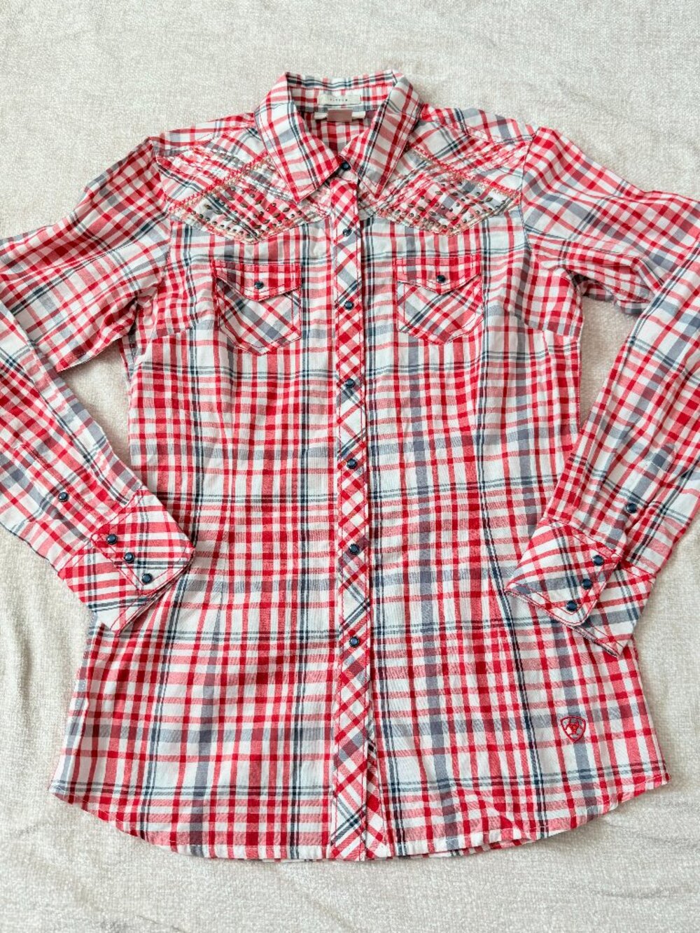 Ariat Womens S Red Plaid Studded Pearl Snap Shirt Western Cowgirl Ranchcore 4395